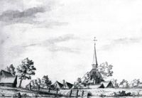 Kerk van 't Waal in 1646 naar een tekening van L.P. Serrurier. Bron: Het Utrechts Archief, Topografische Atlas, nr. 1037.