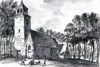 Het kerkje van 't Waal in 1743 naar een tekening van Jan de Beijer. Bron: Atlas Munnicks van Cleef.