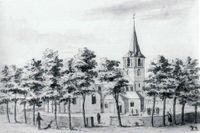 De N.H. Kerk aan de Brink in Schalkwijk in ca. 1729 naar een tekening van C. Specht en L.P. Serrurier.
