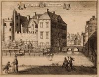 Gezicht over de gracht op de voorzijde van huis Schonauwen, met voorburcht, gracht en ophaalbrug tussen 1690-1710. Naar een tekening van J. Ottens. Bron: Regionaal Archief Zuid-Utrecht (RAZU), 353, 41975, 125.