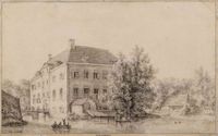 Gezicht over de gracht, met twee bootjes en aanlegsteiger, op voor- en zijgevel van huis Schonauwen, met brug, te Houten in juni 1762. Naar een tekening van J. Versteegh. Bron: Regionaal Archief Zuid-Utrecht (RAZU), 353, 54189, 125.