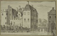 Gezicht op kasteel Schonauwen te Houten, omgeven door een gracht naar een tekening van Abraham de Haen. Bron: Rijksdienst voor het Cultureel Erfgoed (RCE) te Amersfoort, documentnummer: TH-131.