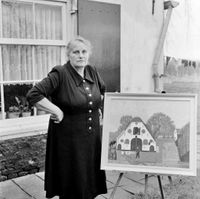Mevrouw Anna Zomer (1899-1970) bewoonster van boerderij De Boeije aan de Vossegatsedijk 2 in 1965 met haar schilderij van de boerderij. Bron: Het Utrechts Archief, beeldbank.