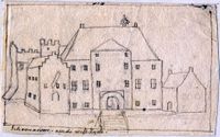 Gezicht op het omgrachte kasteel Schonauwen bij Houten uit het noordoosten in de periode 1715-1720. Bron: Het Utrechts Archief, catalogusnummer: 135313.