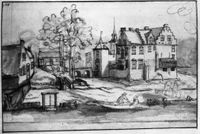 Een 17de eeuwse tekening van het huis Rhijnauwen. Bron: Rijksdienst voor het Cultureael Erfgoed (RCE) te Amersfoort, beeldbank, documentnummer: 61.188.