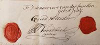 In het jaar 1812 ten overstaan van de Wijk bij Duurstedense notaris Noordbeek regelde Frederika Johanna van Hangest d’Yvoy nog wat zakelijke handeling voor dat zij in datzelfde jaar zou overlijden. Haar handtekening bovenaan. Bron: Regionaal Archief Zuid-Utrecht (RAZU), 063 1785.