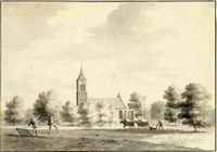 Gezicht in het dorp 't Goy met de Nederlands Hervormde kerk in 1732 naar een tekening van L.P. Serrurier. Bron: Het Utrechts Archief, catalogusnummer: 200542.