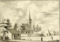 Gezicht op de Nederlands Hervormde kerk van 't Goy in 1660. Naar een tekening van L.P. Serrurier. Bron: Het Utrechts Archief, catalogusnummer: 200540.