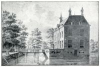Gezicht op kasteel Hardenbroek te Driebergen temidden van de slotgracht, met links de brug naar de voorburcht, uit het zuidoosten in 1720-1740. Bron: Het Utrechts Archief, catalogusnummer: 107363.