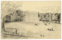 Gezicht op de achtergevel van het kasteel Hardenbroek te Driebergen en het omringende park, uit het oosten in 1850-1900. Bron: Het Utrechts Archief, catalogusnummer: 804918.