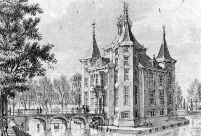 Het huis Heemstede in 1749 getekend door Jan de Beijer vanuit het noorden gezien. Het huis stond niet direct in de gracht, maar was op een klein eiland gebouwd. Part. coll.
