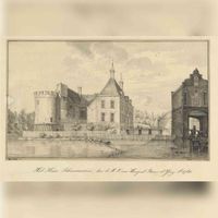 Gezicht op het kasteel Schonauwen bij Houten met rechts het poortgebouw dat toegang gaf tot de voorburcht in 1767-1768. Bron: Het Utrechts Archief, catalogusnummer: 201947.