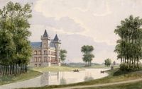 Gezicht over de Kromme Rijn op het kasteel Beverweerd bij Werkhoven, uit het westen in 1837. Bron: Het Utrechts Archief, catalogusnummer: 201104.