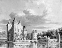 Gezicht op het kasteel Beverweerd bij Werkhoven met rechts de voorburcht, uit het zuiden in 1725-1775. Bron: Het Utrechts Archief, catalogusnummer: 201097.