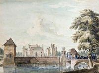 Gezicht op de voorzijde van het aan de Kromme Rijn bij Werkhoven gelegen kasteel Beverweerd in 1745. Bron: Rijksdienst voor het Cultureel Erfgoed (RCE) te Amersfoort, objectnummer: TH-026.