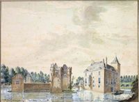 Zij- en achteraanzicht van het aan de Kromme Rijn bij Werkhoven gelegen kasteel Beverweerd in 1745. Bron: Rijksdienst voor het Cultureel Erfgoed (RCE) te Amersfoort, objectnummer: TH-028.