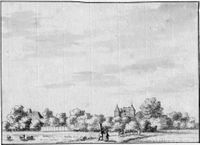 Gezicht op het landschap rond het kasteel Beverweerd bij Werkhoven in 1729. Bron: Het Utrechts Archief, catalogusnummer: 201095.