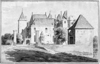 Gezicht op het kasteel Beverweerd bij Werkhoven vanaf de voorburcht, uit het oosten in 1731. Bron: Het Utrechts Archief, catalogusnummer: 201107.