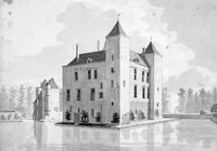 Gezicht op het kasteel Beverweerd bij Werkhoven met op de achtergrond het poortgebouw op de voorburcht, uit het noordwesten op 7 september 1751. Bron: Het Utrechts Archief,catalogusnummer: 206285.