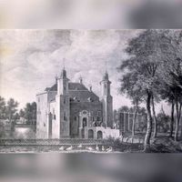 Gezicht op het omgrachte kasteel Linschoten te Linschoten in de periode 1660-1680. Bron: Het Utrechts Archief, catalogusnummer: 107390.
