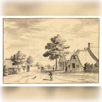 Gezicht op enige huizen langs een weg in Abstede buiten de Wittevrouwenpoort te Utrecht uit 1729 naar een tekening van L.P. Serrurier. Bron: Het Utrechts Archief, catalogusnummer:	 35004.