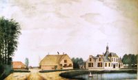 Kasteelterrein Oud-Wulven met bijgebouwen vanuit het noordwesten gezien omstreeks 1700. Rechts het kasteel midden en links bijgebouwen. Afkomst onbekend.