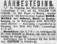 Krantenknipsel van 18 december 1869 waarin de bestekken voor de aanbesteding voor de herbouw van het pand aan de Oud Wulfseweg 16 worden aangeboden. Bron: Delpher.nl.