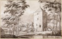 Gezicht op huis Weerdesteyn, met poortgebouw en gracht, te Nederlangbroek in 1751. Bron: Regionaal Archief Zuid-Utrecht (RAZU), 237, 35450, 70.