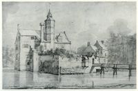 Kasteel Wulven vanuit het zuiden getekend door Roelant Roghman in 1646/1647. Het huis bestaat uit een langgerekte woonvleugel waartegen een achtkantig torentje was gebouwd, dat ver boven het dak uitstak. Het deel links is waarschijnlijk een latere uitbreiding.