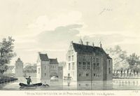 Gezicht op de achtergevel van het omgrachte kasteel Wulven te Houten, met op de achtergrond de gedeeltelijk ommuurde voorburcht in 1749. Bron: Het Utrechts Archief, catalogusnummer: 202110.