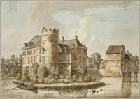 Kasteeltoren Schonauwen (Grantiesteen 50) vanuit het zuidwesten gezien in ca. 1750 getekend ,door Jan de Beijer. Bron: Rijksdienst voor het Cultureel Erfgoed (RCE) te Amersfoort, documentnummer: TH-025.