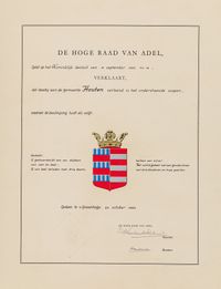 Verklaring (met omschrijving en tekening) van de Hoge Raad van Adel aan de gemeente Houten van de verlening van het wapen van de gemeente Houten van maandag 29 oktober 1926. Bron: Regionaal Archief Zuid-Utrecht (RAZU), 353, 54209, 131.