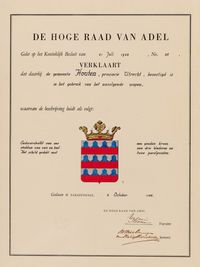 Afschrift van een bevestiging (met omschrijving en tekening) door de Hoge Raad van Adel van 8 oktober 1948 van de gemeente Houten in het wapen van de gemeente Houten op vrijdag 8 oktober 1948. Bron: Regionaal Archief Zuid-Utrecht (RAZU), 353, 54234, 131.