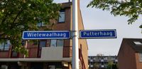 Straatnaamborden Wielewaalhaag en Putterhaag aan een landtraanpaal. Met rechts op de achtergrond de huizen aan het Achterom op vrijdag 8 mei 2020. Foto: Sander van Scherpenzeel.