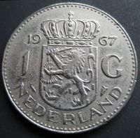 Nederlandse gulden 1967, nikkel, muntmeesterteken vis. Bron: Wikipedia Nederlandse 1 gulden.