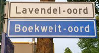 Straatnaamborden Lavendel-oord (wit-verwijzend) en Boekweit-oord, 7 mei 2020. Foto: Sander van Scherpenzeel.