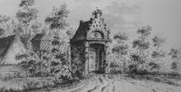 Het poortgebouw wat toegang gaf tot de omgrachte herenboerderij Blazenburg. Tekening uit 1729 door de wed. J. Stellingwerf, geboren Houtbraken. Bron: Koninklijk Huisarchief, nr. A/T-653.