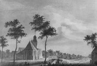 De kerk in 't Waal. Gewassen pentekening uit 1756 door F.C. Schutter. Bron: Koninklijk Huisarchief, nr. A/T-276.