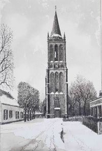 De N.H. Kerktoren op de kruising van de Burg. Wallerweg met de Lobbendijk met rechts Hotel/Restaurant De Engel in de periode 1930-1940. Prent bevindt zich in particulier bezit. Bron: Broekman, Bourtange (Groningen).