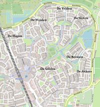 De Houtense wijk Houten Noordoost, sinds dinsdag 13 maart 2012 met de buurten De Hagen, De Weiden, De Velden, De Sloten, De Bermen, De Akkers en De Gilden. Bron: Openstreetmap (NL).