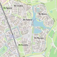 De Houtense wijk Houten Zuidoost, sinds dinsdag 13 maart 2012 met de buurten De Sporen, De Landen, De Tuinen, De Meren, De Mossen en De Grassen. Bron: Openstreetmap (NL).