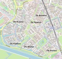De Houtense wijk Houten Zuidwest, sinds dinsdag 13 maart 2012 met de buurten De Bouwen, De Houten, De Waters, De Polders, De Muren en De Stenen. Bron: Openstreetmap (NL).
