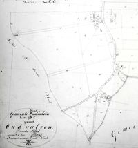 Detail van een kadasterkaart van de vroegere gemeente Oud-Wulven (1818-1858) ingetekend de vroegere landerijen van familie Testas. Kadastraal is ud-Wulven opgenomen in deze kaart onder gemeente Houten Sectie E. Bron: Regionaal Archief Zuid-Utrecht (RAZU), 353, 45922.