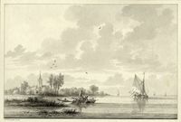 Gezicht op een groot water met links het dorp Mijdrecht in 1780-1810 naar een tekening van N. Wicart. Bron: Het Utrechts Archief, catalogusnummer: 206221.