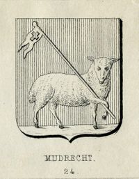 Afbeelding van het gemeentewapen van Mijdrecht. 'Het Lams Gods', uit 1830. Bron: Het Utrechts Archief. catalogusnummer:	 200747.