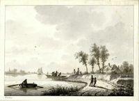 Gezicht op een rivierlandschap met Mijdrecht aan de horizon in 1790-1810 naar een tekening van N. Wicart. Bron: Het Utrechts Archief, catalogusnummer: 206213.