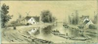 Tekening van Jhr. Pieter van Loon uit 1855 met de rivier de Vecht met op de achtergrond de Rode Brug. Heden in de wijk Ondiep en Zuilen.
