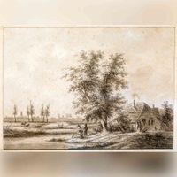 Gezicht vanuit de verte op het dorp Houten, met kerkspits en molen, en op de voorgrond rechts enkele personen bij een met riet gedekt huisje in 1780 naar een tekening van Nico Wicart. Bron: Regionaal Archief Zuid-Utrecht (RAZU), 353, 54190, 125.