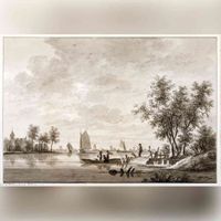 Gezicht vanuit de verte op het dorp Honswijk, met kerktoren en twee molens op de achtergrond, met op de voorgrond de rivier de Lek met boten alsmede een veerpontje met enkele personen in 1780. Naar een tekening van Nico Wicart. Bron: Regionaal Archief Zuid-Utrecht (RAZU), 353, 54193, 125.