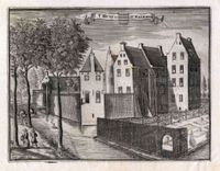 Gezicht op het kasteel Schalkwijk te Schalkwijk uit het oosten, met rechts een gedeelte van het omgrachte tuineiland in 1690-1695. Naar een tekening van C. Specht. Bron: Het Utrechts Archief, catalogusnummer: 201962.